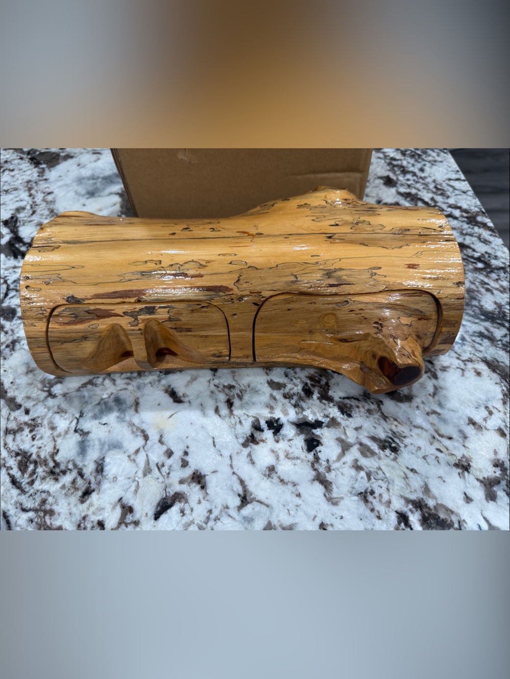 Handcrafted Spalted Wood Log Jewelry Box with hidden space, Natural Brown Finish